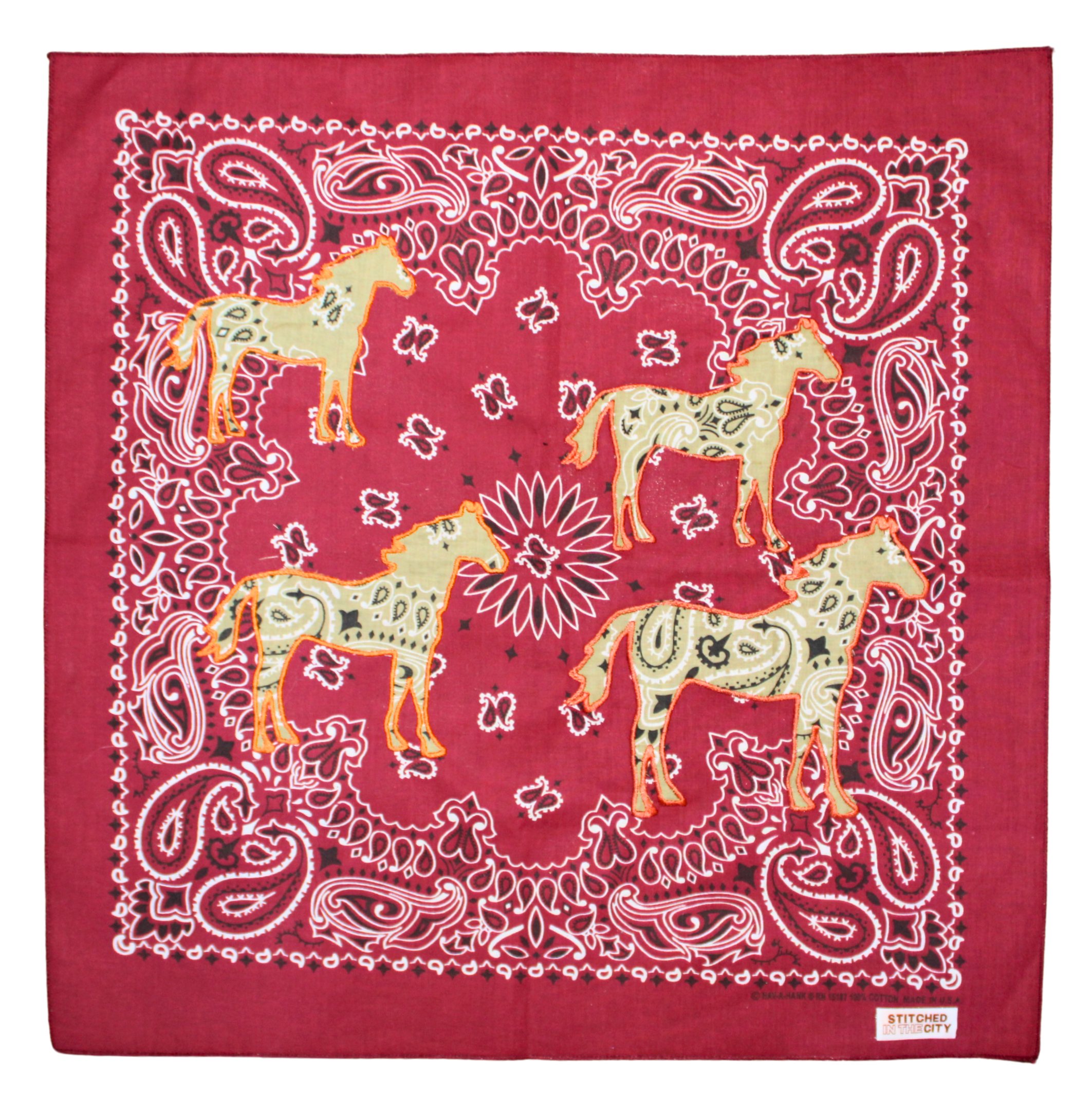 Maroon and Orange Grazing Horses